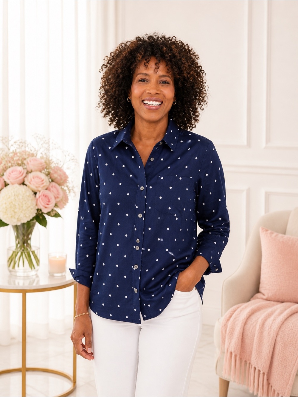 Style & Co Navy Blue Polka Dot Button Front Shirt Roll Tab Sleeve NWT S